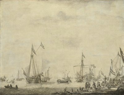 Koninklijk jacht en staatsjacht varen uit Moerdijk met Karel II, koning van Engeland, aan boord, 1660 door Willem van de Velde (I)