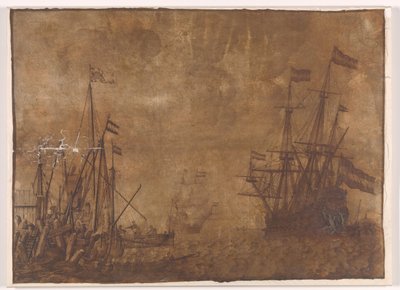 Schepen bij een havenhoofd door Willem van de Velde (I)