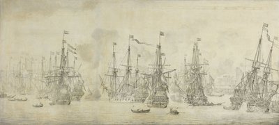 De mislukte aanval van de Engelsen op de terugkerende vloot in de haven van Bergen, Noorwegen, 12 augustus 1665: een episode uit de Tweede Engels-Nederlandse Oorlog door Willem van de Velde (I)