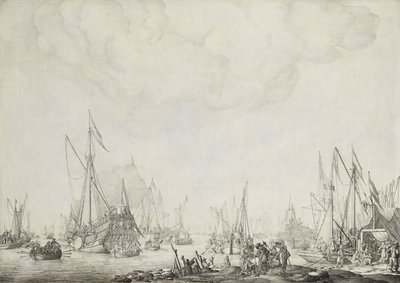 De koninklijke en staatsjachten, mogelijk de aankomst van Karel II van Engeland in Moerdijk, 1660 door Willem van de Velde (I)