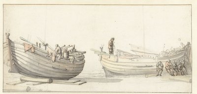 Studie van twee vissersboten met figuren door Willem van de Velde (II) (attributed to)