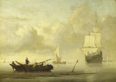 Schepen bij de Kust tijdens een Kalme Zee door Willem van de Velde (II)
