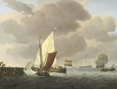 Schepen bij de kust in winderig weer door Willem van de Velde (II)