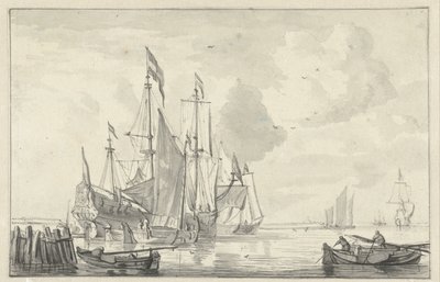 Zeegezicht met enkele schepen in kalm water bij de kust door Willem van de Velde (II)