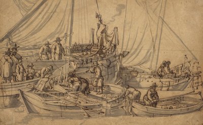 Figuren aan boord van kleine koopvaardijschepen, ca. 1650-5 door Willem van de Velde