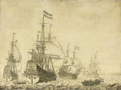 Zeegezicht met Nederlandse Oorlogsschepen inclusief de Drenthe en de Prins Frederik-Hendrik, ca. 1670 door Willem van de Velde