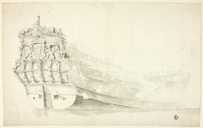 Nederlands schip met ornamentele boeg gezien vanaf stuurboordzijde door Willem van de Velde I