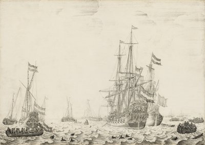 Nederlandse schepen bij de kust door Willem van de Velde I