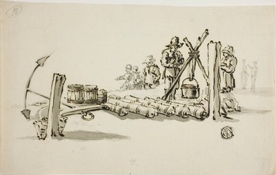 Mannen met kanonnen, vaatjes buskruit en een anker door Willem van de Velde I