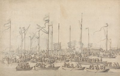 Viering op de Theems bij Whitehall door Willem van de Velde the Elder
