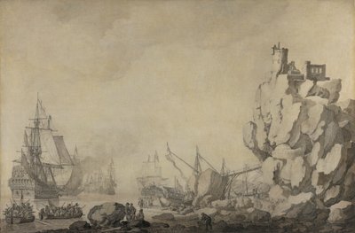Schepen en Militie bij een Rotsachtige Kust door Willem van de Velde the Elder