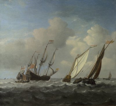 Een Nederlands schip, een jacht en kleinere vaartuigen in een bries, c. 1660 door Willem van de Velde the Younger