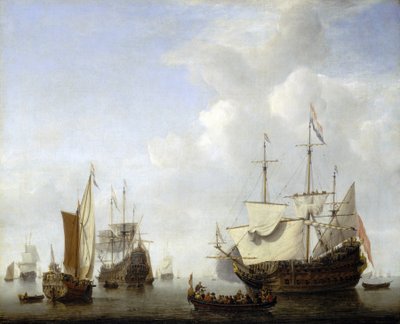 Een Nederlands schip dat waarschijnlijk dat van prins Frederik Hendrik van Oranje (1584-1647) voor anker gaat door Willem van de Velde the Younger