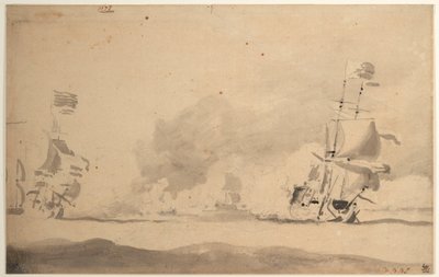 Een Nederlands schip achtervolgt een Engels schip door Willem van de Velde the Younger