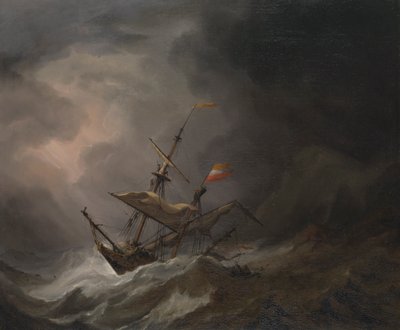 Een Middellandse Zee Brigantijn die op een rotsachtige kust drijft in een storm, ca. 1700 door Willem van de Velde the Younger
