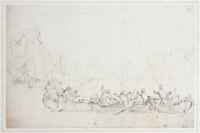 Een gevecht in boten tussen Nederlandse of Engelse en Barbarijse piraten, ca. 1675 door Willem van de Velde the Younger