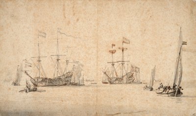 Een kaag die vrij vaart en twee Nederlandse vlaggenschepen voor anker, c.1665 door Willem van de Velde the Younger