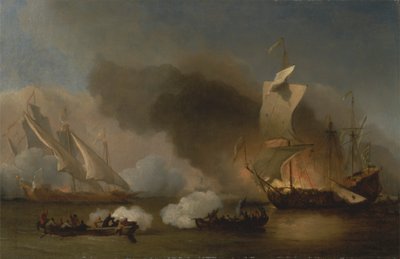 Een Gevecht tussen Engelse Schepen en Barbarijse Kapers door Willem van de Velde the Younger