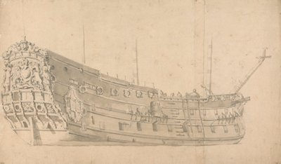 Een Engels Oorlogsschip, Stuurboordkwartierzicht: Mogelijk de Victory door Willem van de Velde the Younger