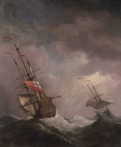 Een Engels schip op zee in een storm door Willem van de Velde the Younger