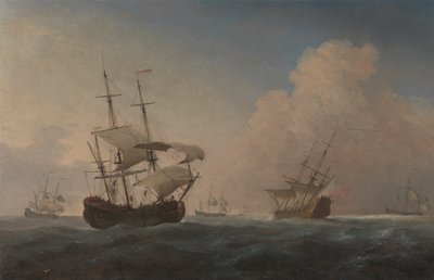 Engelse oorlogsschepen hellend in de bries offshore door Willem van de Velde the Younger
