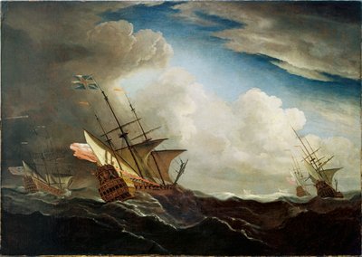 Engelse schepen op zee in een storm, ca. 1690 door Willem van de Velde the Younger