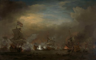 Nachtelijke zeeslag tussen Cornelis Tromp op de Gouden Leeuw en Sir Edward Spragge op de Royal Prince door Willem van de Velde the Younger