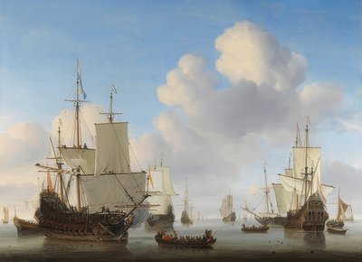 Nederlandse schepen op rustige zee door Willem van de Velde the Younger