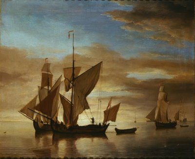 Schepen op rustige zee in avondlicht door Willem van de Velde the Younger