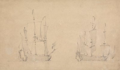 Achteraanzicht van een vlaggenschip in lichte wind en vergelijkbaar uitzicht van een ander door Willem van de Velde the Younger