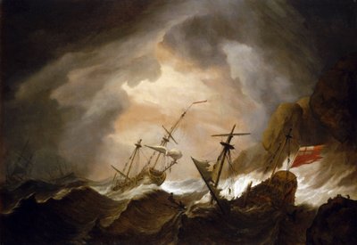 Twee Britse schepen vergaan in de storm nabij een rotsachtige kust. Olieverf op doek, rond 1700, door Willem van de Velde (1633-1707) door Willem van de Velde the Younger