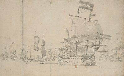 Een Nederlands vlaggenschip met een koeriersschip aan haar zijde, mei 1672? door Willem van de the Elder Velde