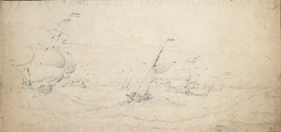 Een Nederlandse achtereskader opkruisend in een zware zee door Willem van de the Elder Velde
