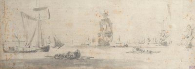 Een Galliot in lichte wind en verschillende schuiten, ca. 1681 door Willem van de the Elder Velde