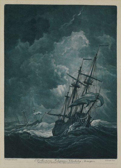 Een schip in een storm door Willem van de the Elder Velde