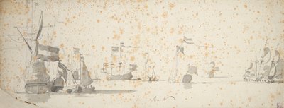 Een staatsjacht en Nederlandse schepen voor anker, ca. 1664 door Willem van de the Elder Velde