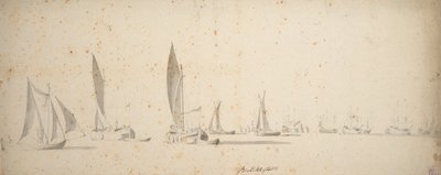 Een tochtschuit, wijdschips en waterschips in een lichte bries, c.1664 door Willem van de the Elder Velde