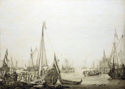 Een verscheidenheid aan schepen in een drukke haven, historisch geassocieerd met de reis van Karel II van Engeland naar Den Haag in 1660, tijdens het herstel van zijn macht over de Engelse troon door Willem van de the Elder Velde