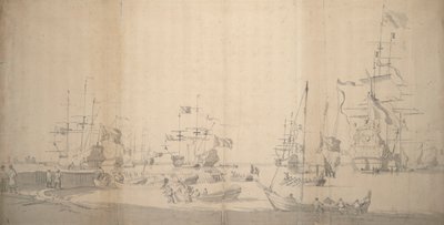 Een weyschuit wordt aan wal getrokken in een drukke haven, ca. 1672 door Willem van de the Elder Velde