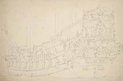 Een Amsterdams schip, mogelijk een Oostindiëvaarder, met ongeveer 50 kanonnen, ca. 1670 door Willem van de the Elder Velde