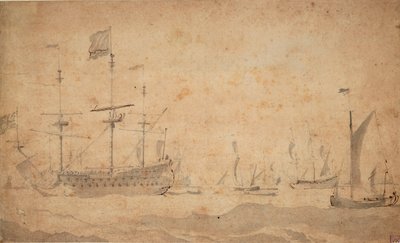 Een Engels vlaggenschip voor anker, mogelijk in juni 1673 door Willem van de the Elder Velde