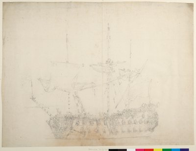 Een Engels derdeklas 60-kanonsschip gezien vanaf de bakboeg, ca. 1673 door Willem van de the Elder Velde