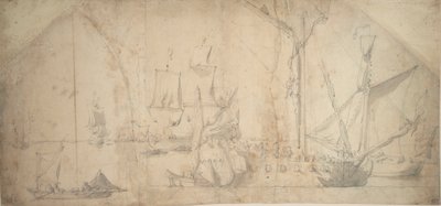 Een Engelse jacht voor anker zeil inrollen door Willem van de the Elder Velde