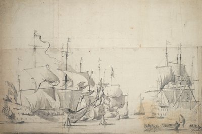 Nederlandse gevechtsschepen drogen zeilen, c.1658 door Willem van de the Elder Velde