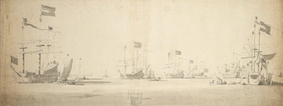 Nederlandse vlaggenschepen voor anker met boten ernaast, c.1664 door Willem van de the Elder Velde