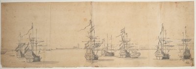 Nederlandse schepen voor anker bij een lage kust, ca. 1658 door Willem van de the Elder Velde