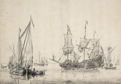 Zeilboten en een Nederlandse fregat die zijn zeilen droogt. Tekening en was door William van de Velde de Oude (ca. 1611-1693), circa 1665. door Willem van de the Elder Velde