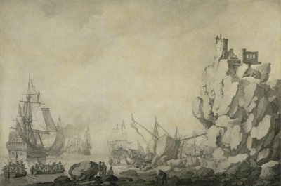 Schepen en militie bij een rotsachtige kust, c.1680 door Willem van de the Elder Velde