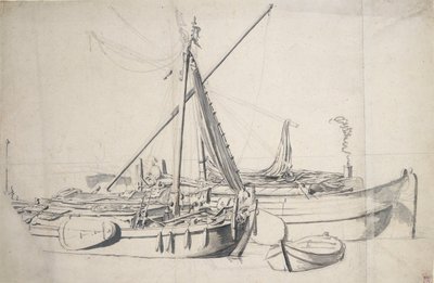 Studie van een damlooper en een smalschip naast elkaar, ca. 1665 door Willem van de the Elder Velde