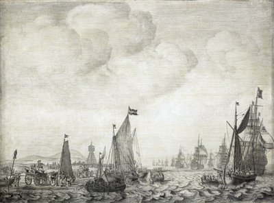 Handelsschepen naar het Oosten en hun escorte, vertrekkend uit Vlie (of Vliestroom), maritieme route tussen de eilanden Vlieland en Terschelling (Nederland), 9 juni 1645 door Willem van de the Elder Velde